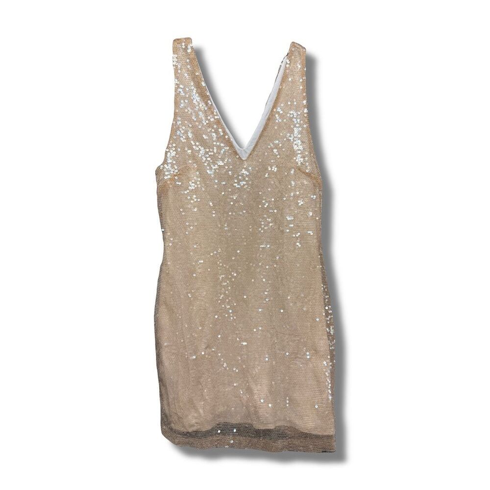 A New Day Women's XS Cream Sequin Sleeveless V-Neck Mini Dress